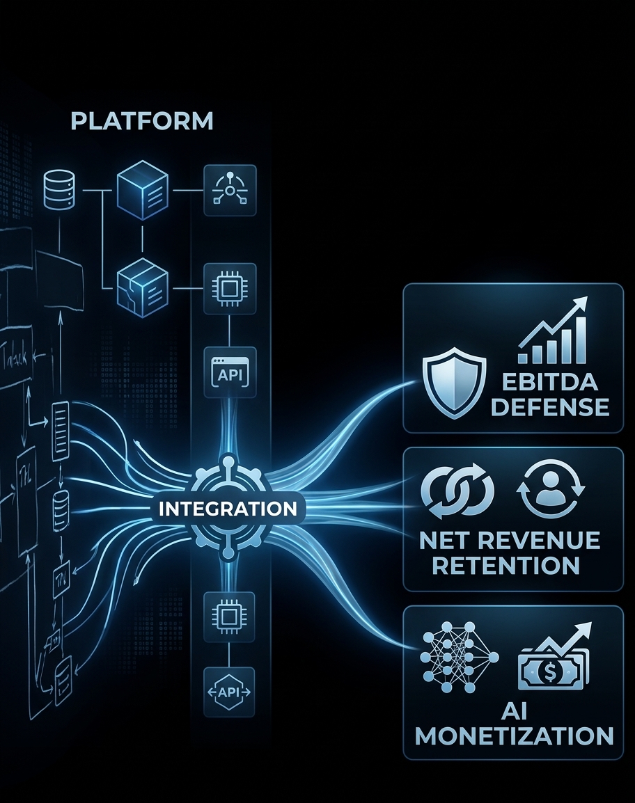 Diagram of a fragmented platform layer converging through an integration hub into EBITDA Defense, Net Revenue Retention, and AI Monetization outcomes